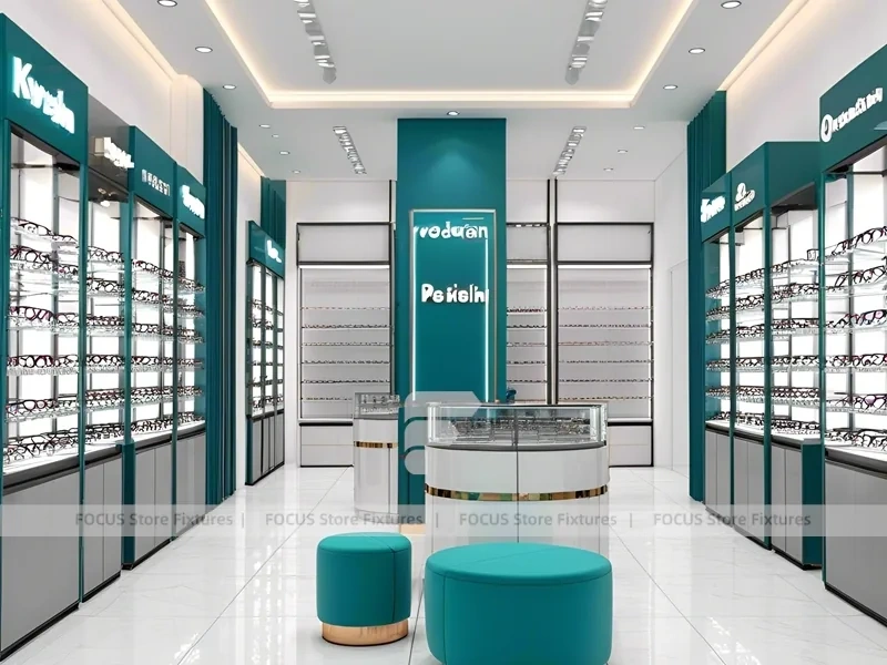 Turquoise Accent Eyewear Clinic Display with Bright Consultation Island