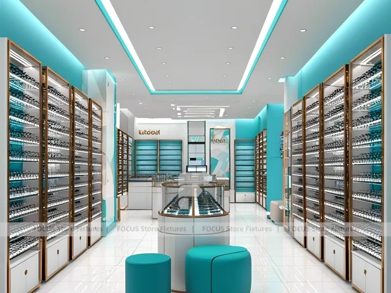 Turquoise Accent Eyewear Clinic Display with Bright Consultation Island