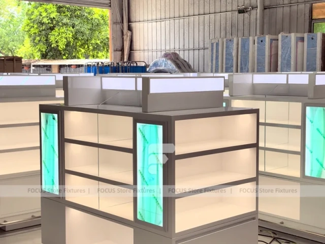 Turquoise Lit Perfume Island Display Layout