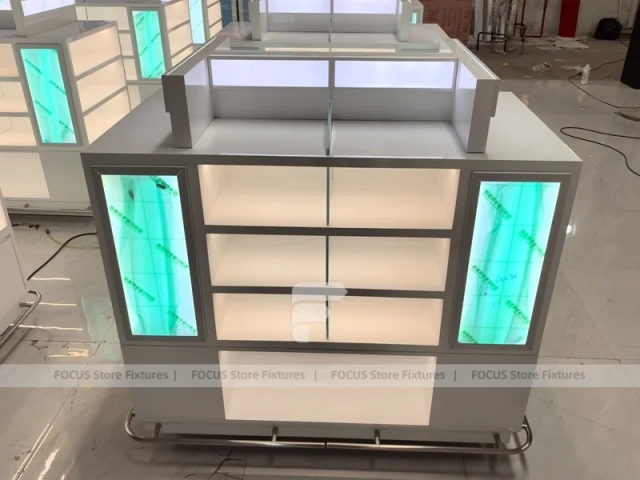 Turquoise Lit Perfume Island Display Layout