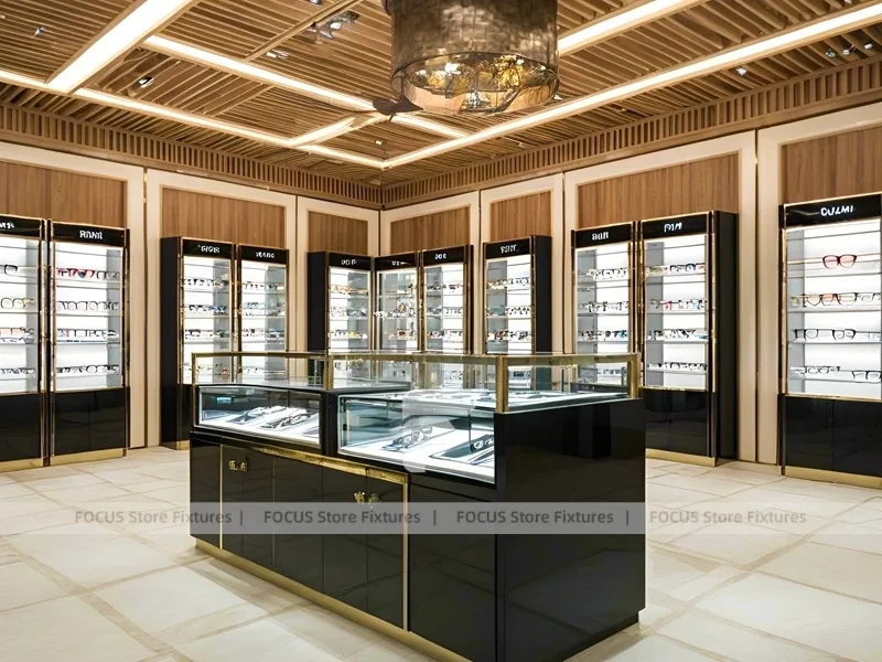 Warm Oak Eyewear Showcase Room with Boutique Centerpiece Counter