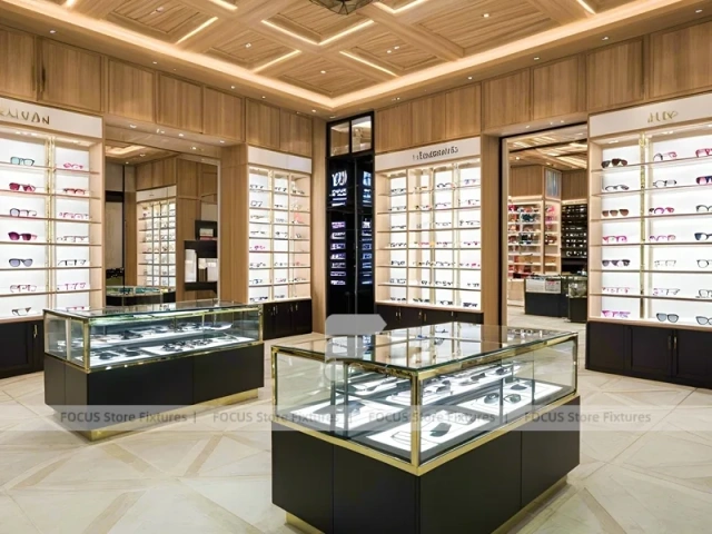 Warm Oak Eyewear Showcase Room with Boutique Centerpiece Counter