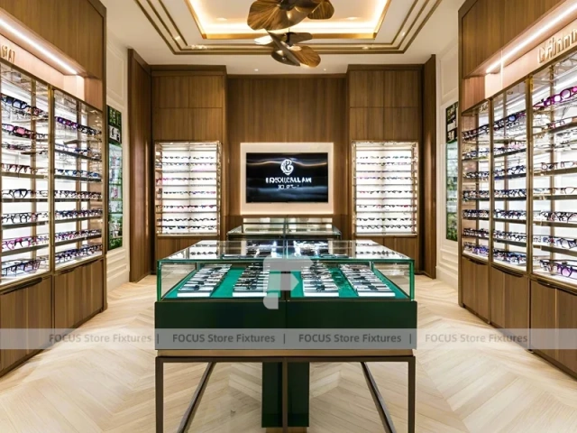 Warm Oak Eyewear Showcase Room with Boutique Centerpiece Counter