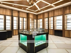 Warm Oak Eyewear Showcase Room with Boutique Centerpiece Counter