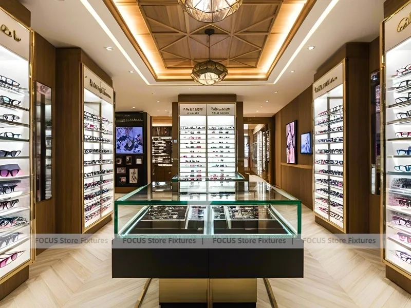 Warm Oak Eyewear Showcase Room with Boutique Centerpiece Counter