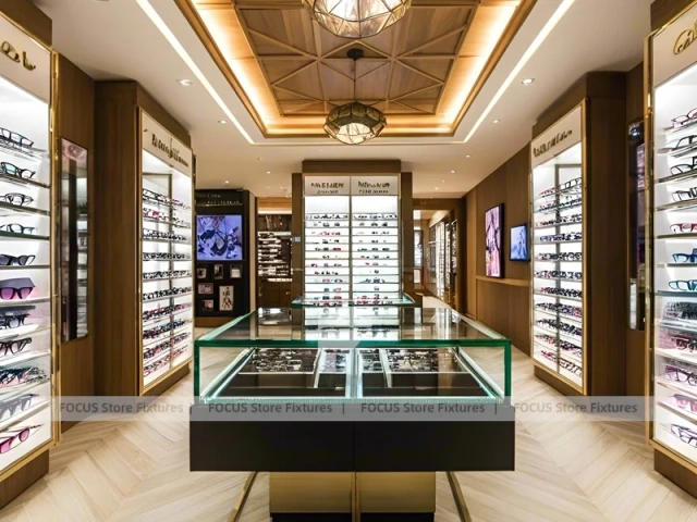 Warm Oak Eyewear Showcase Room with Boutique Centerpiece Counter