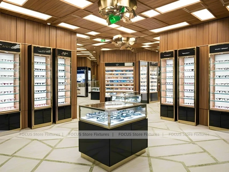 Warm Oak Eyewear Showcase Room with Boutique Centerpiece Counter