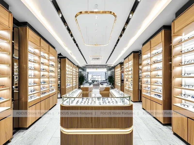 Warm Walnut Eyewear Showroom with Symmetrical Display Corridor