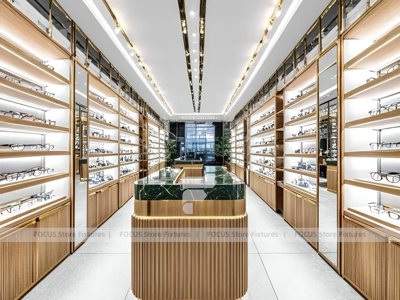 Warm Walnut Eyewear Showroom with Symmetrical Display Corridor