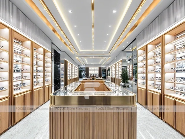 Warm Walnut Eyewear Showroom with Symmetrical Display Corridor