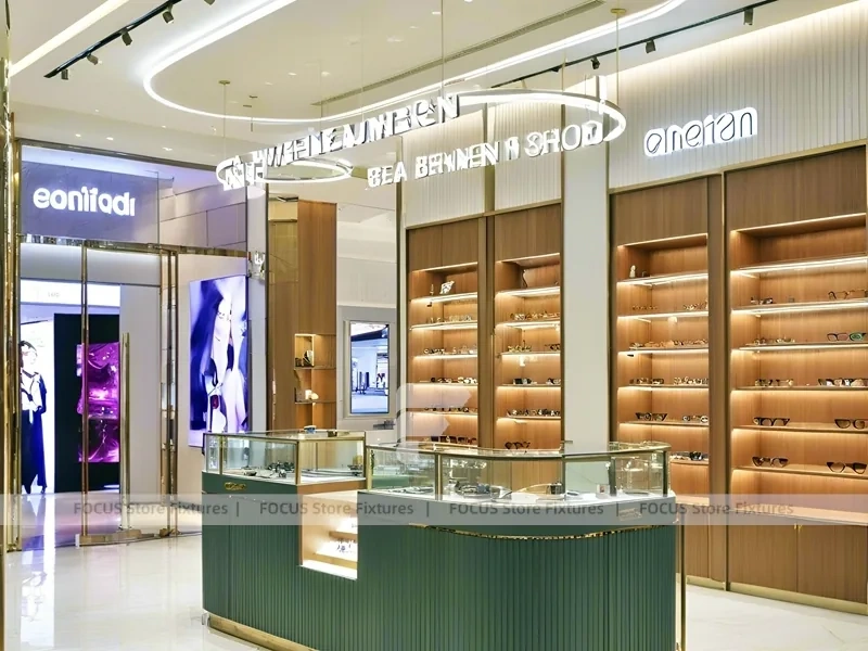 Warm Walnut Eyewear Showroom with Symmetrical Display Corridor