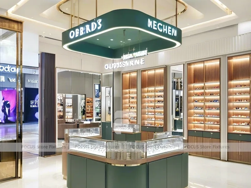 Warm Walnut Eyewear Showroom with Symmetrical Display Corridor
