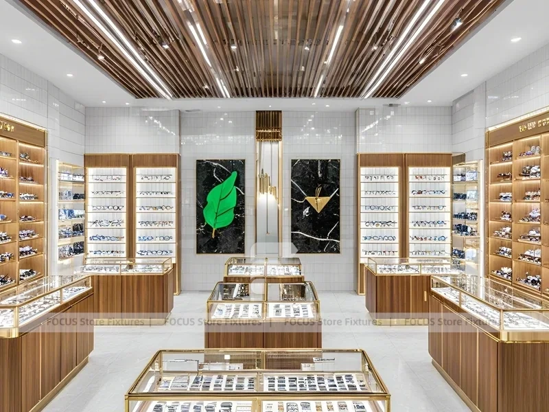 Warm Walnut Vision Store Interior with Symmetrical Display Corridor