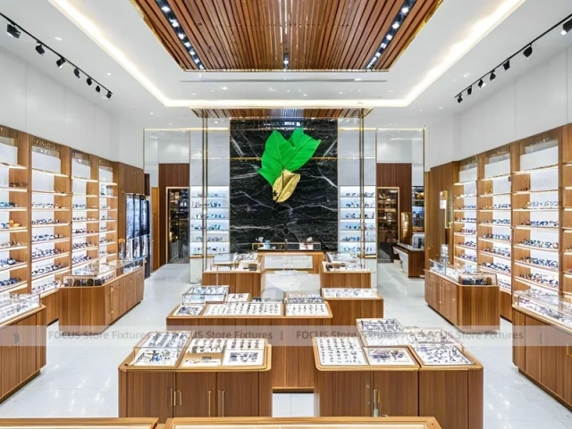 Warm Walnut Vision Store Interior with Symmetrical Display Corridor