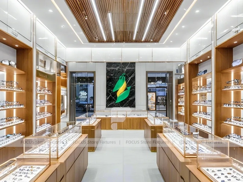 Warm Walnut Vision Store Interior with Symmetrical Display Corridor