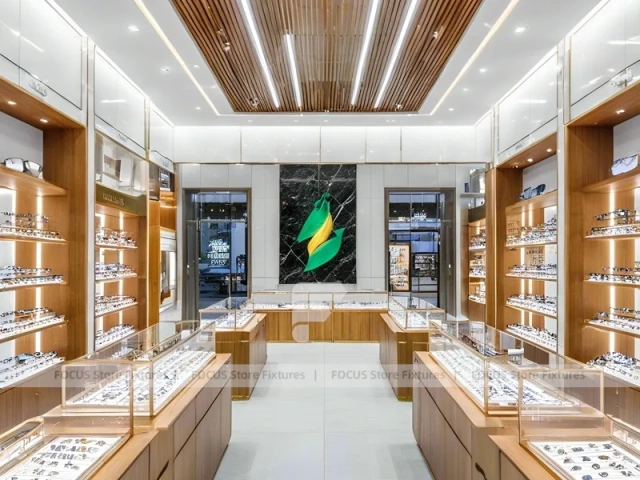 Warm Walnut Vision Store Interior with Symmetrical Display Corridor