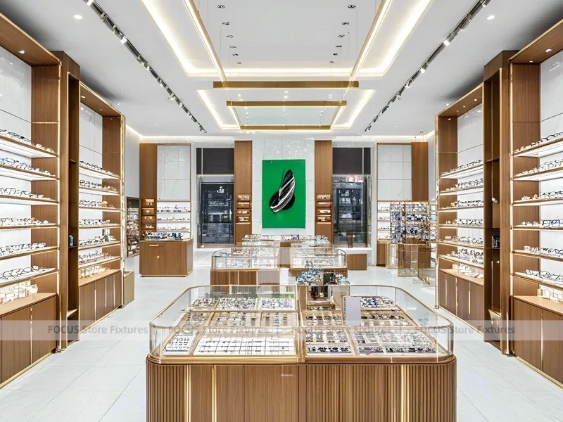 Warm Walnut Vision Store Interior with Symmetrical Display Corridor