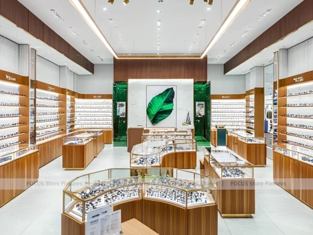 Warm Walnut Vision Store Interior with Symmetrical Display Corridor