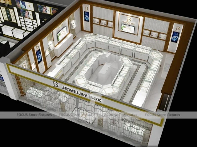 White Gold Jewelry Kiosk With U Shape Glass Counters