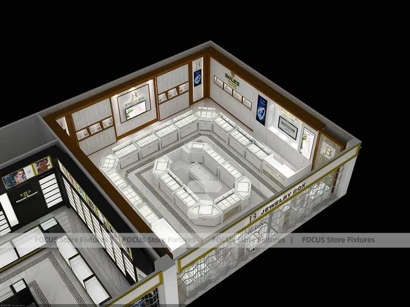 White Gold Jewelry Kiosk With U Shape Glass Counters