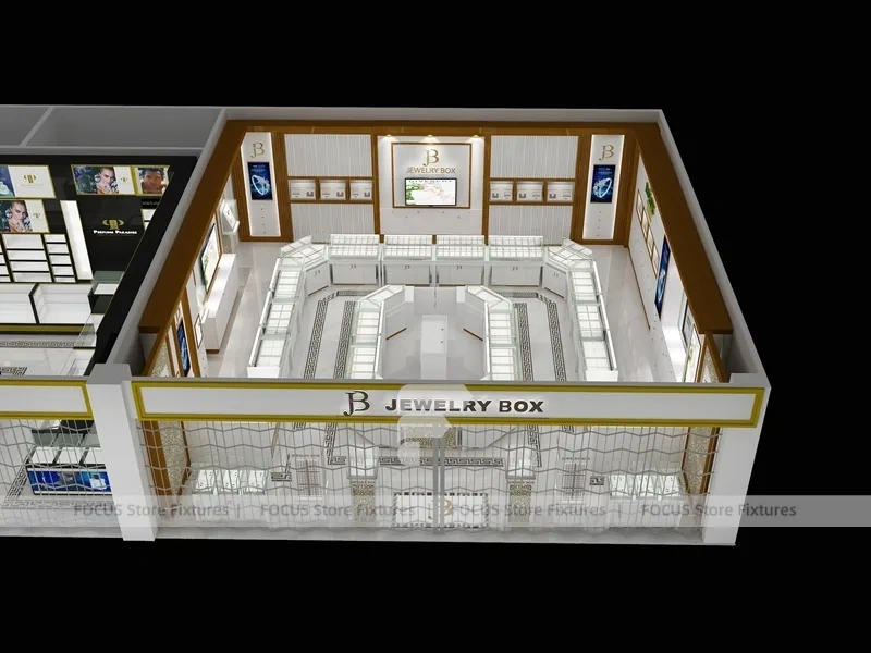 White Gold Jewelry Kiosk With U Shape Glass Counters