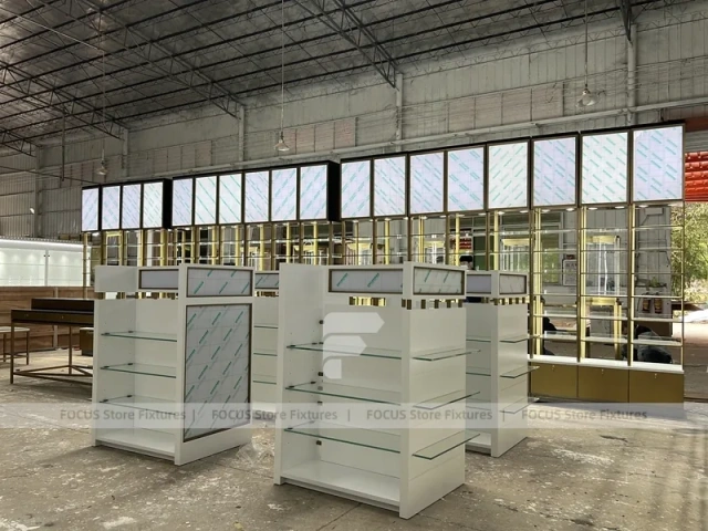 White Gold Perfume Floor Display With Center Gondolas