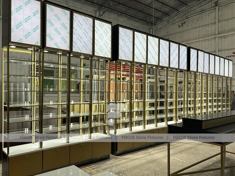 White Gold Perfume Floor Display With Center Gondolas