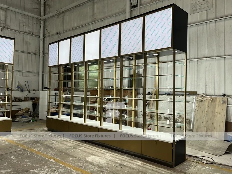 White Gold Perfume Floor Display With Center Gondolas