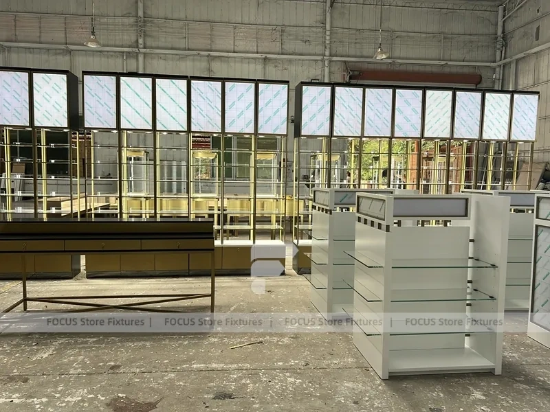 White Gold Perfume Floor Display With Center Gondolas