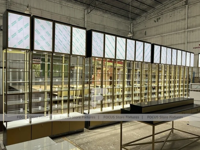 White Gold Perfume Floor Display With Center Gondolas