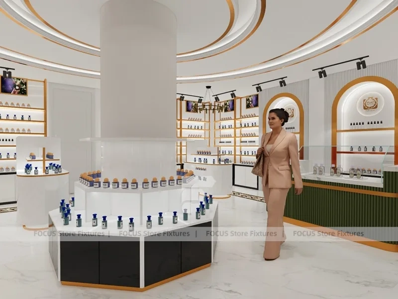 White Gold Perfume Island Display Around Center Column