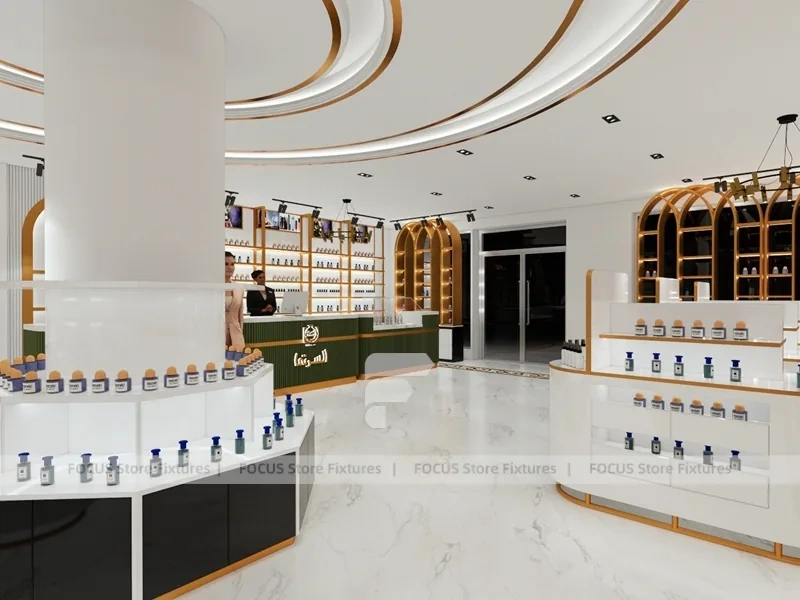 White Gold Perfume Island Display Around Center Column
