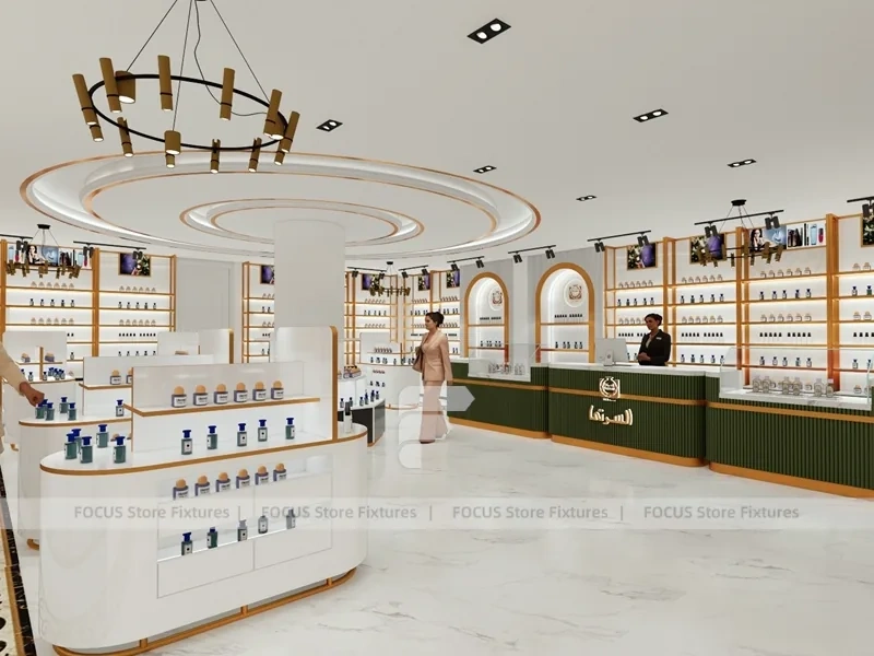 White Gold Perfume Island Display Around Center Column