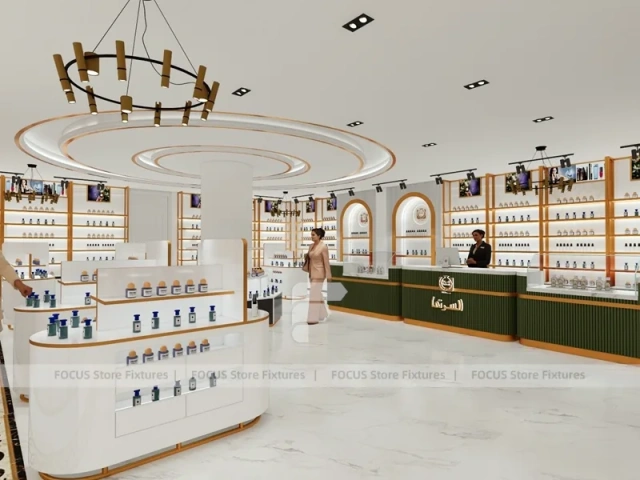 White Gold Perfume Island Display Around Center Column