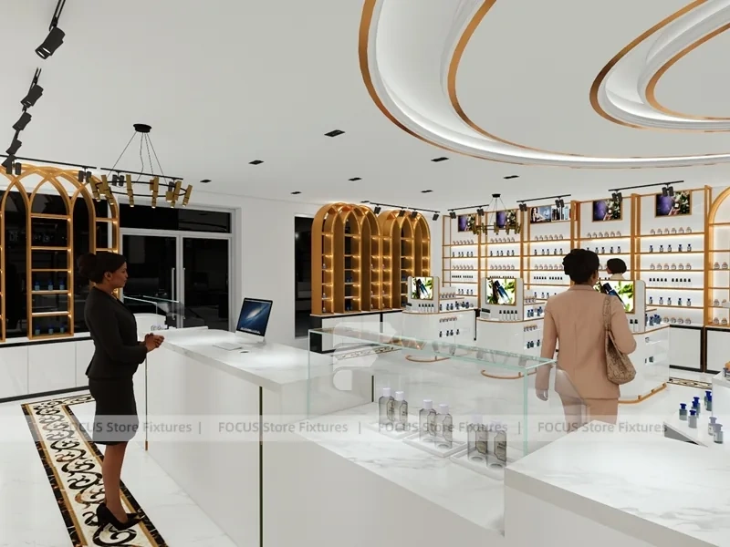 White Gold Perfume Island Display Around Center Column