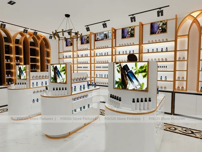 White Gold Perfume Showroom With Round Center Column