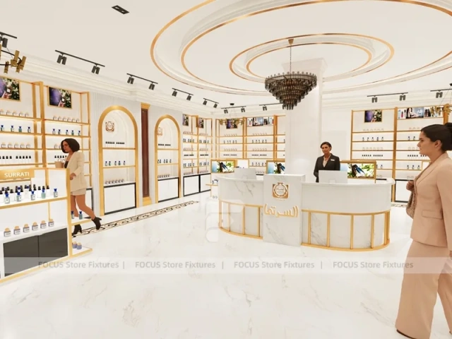 White Gold Perfume Store With Glass Showcase Island