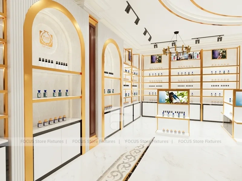 White Gold Perfume Store With Glass Showcase Island