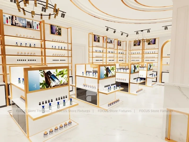 White Gold Perfume Store With Glass Showcase Island