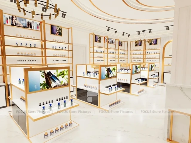 White Gold Perfume Store With Glass Showcase Island
