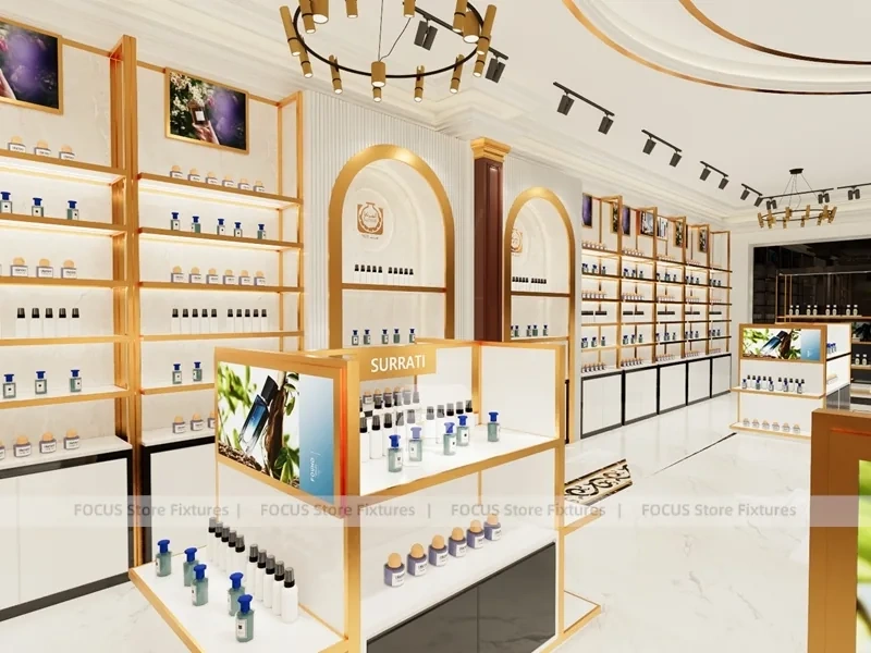 White Gold Perfume Store With Glass Showcase Island