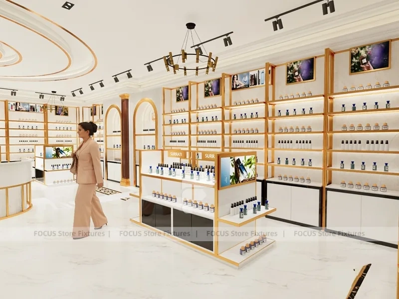 White Gold Perfume Store With Glass Showcase Island