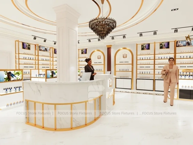 White Gold Perfume Wall Display With Arched Niche