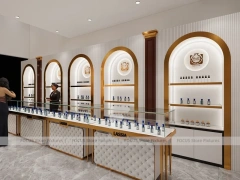 White Gold Perfume Wall Display With Marble Tester Table