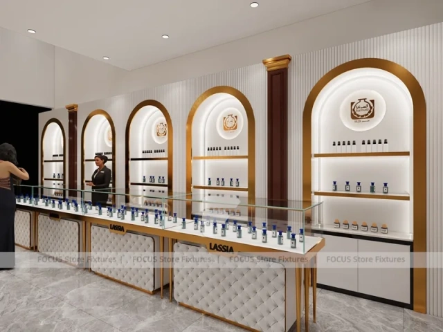 White Gold Perfume Wall Display With Marble Tester Table