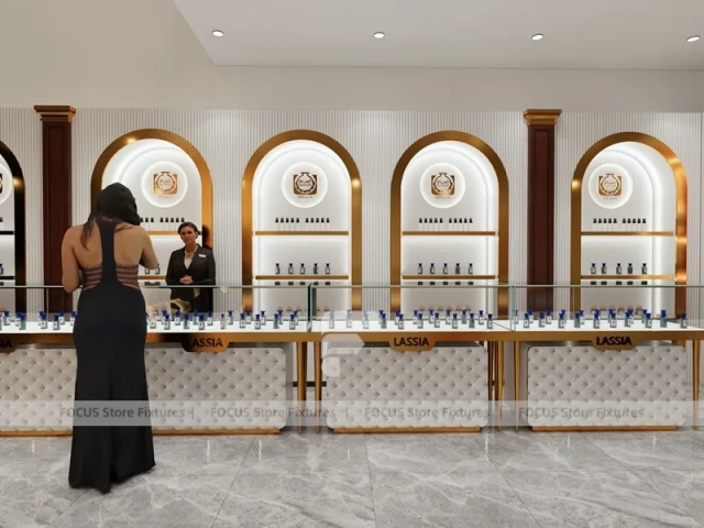 White Gold Perfume Wall Display With Marble Tester Table