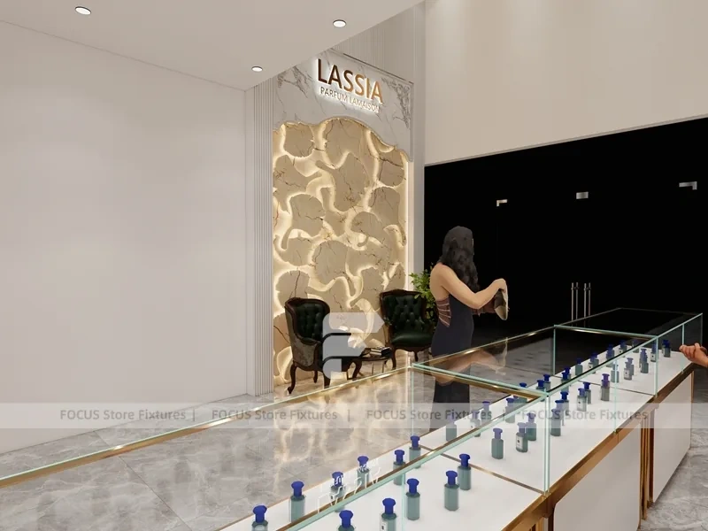 White Gold Perfume Wall Display With Marble Tester Table