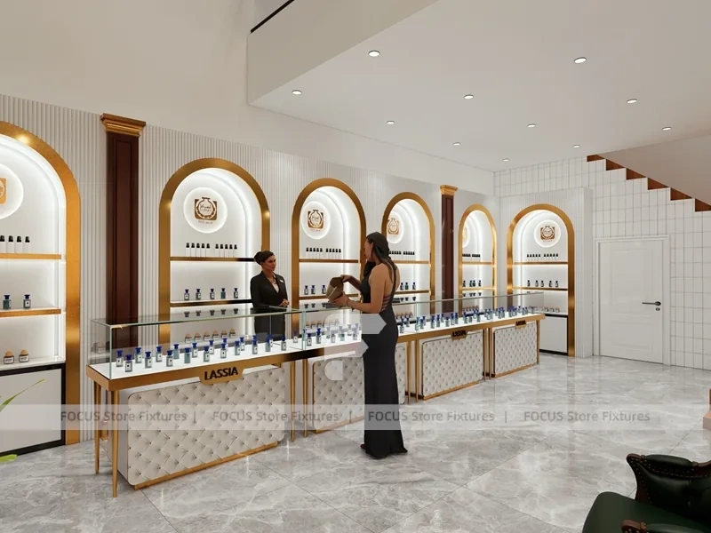 White Gold Perfume Wall Display With Marble Tester Table
