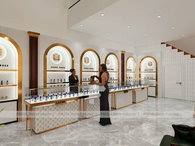 White Gold Perfume Wall Display With Marble Tester Table