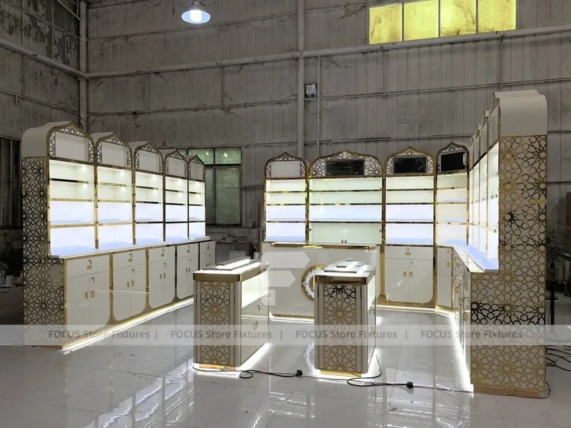 White Gold Perfume Wall Shelving With Slim Tester Kiosks